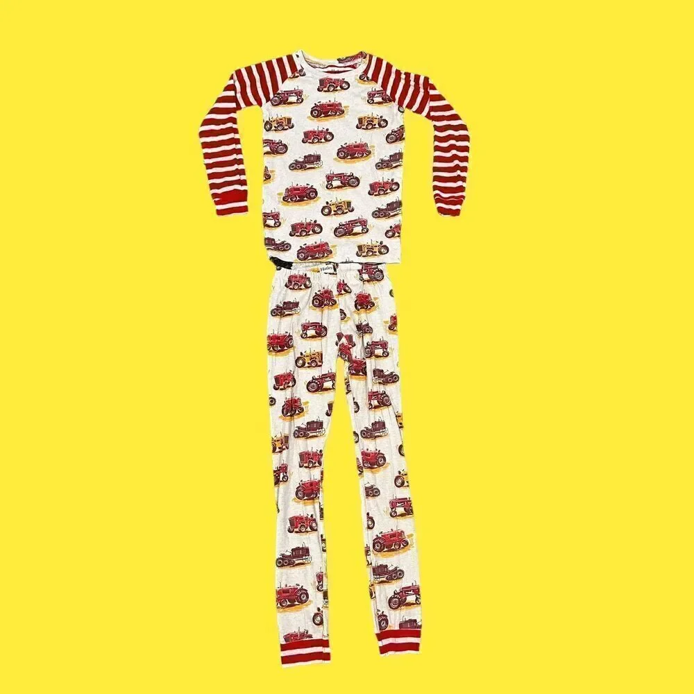 Hatley Kids Size 10 Organic Cotton Tractor Print Pajama Set Red Cream Snug Fit‎